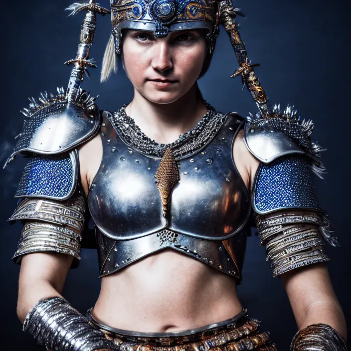 Prompt: photo of a warrior queen wearing sapphire encrusted armour, highly detailed, 4 k, hdr, smooth, sharp focus, high resolution, award - winning photo