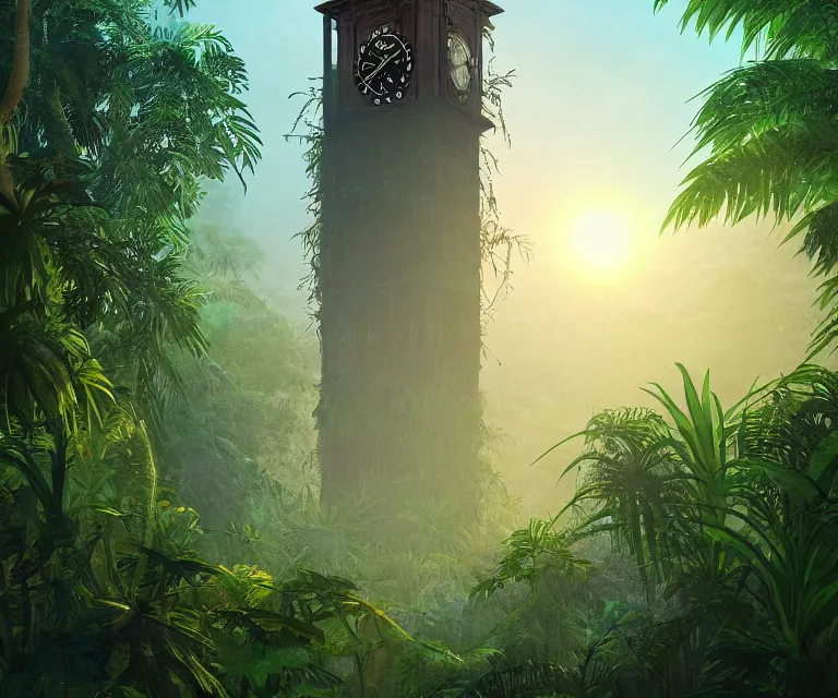 Image similar to a tall clock tower in a jungle!, mist, tropical trees, vines, birds, sunset!, fluffy clouds, warm colors, beautiful lighting, digital art, intricate details, trending on artstation