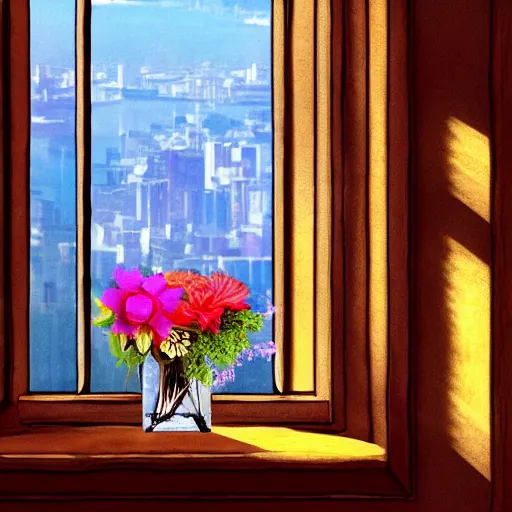 Image similar to a vase with a colorful and beautiful flower arrangement, placed on the windowsill. through the window you can see the beautiful city. noon. beautiful lighting, 4 k post - processing, trending in art station, cg society, highly detailed, 5 k extremely detailed, 3 d. cinematic scene.