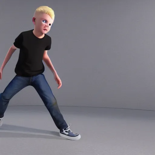 Image similar to a detailed full body image of boy with blonde hair and blue eyes wearing a black tshirt, unreal engine 5 rendered, incredibly highly detailed and realistic, 8 k, sharp focus, studio quality