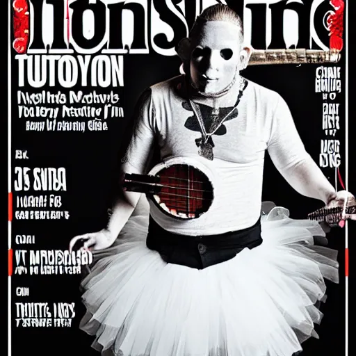 Image similar to Corey Taylor wearing a tutu, playing the banjo. Music magazine cover, band photography, studio lighting