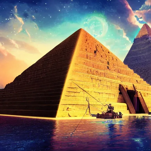 Prompt: pyramid in space or in water, a magical ancient pyramid, gold, treasure, lara croft charater, realistic illustration, pyramid surrounded with greenery, illustrations, 3 d render, illustrated, incredible details, highly detailed, photorealistic, disney pixar, octane render, iridescent, anime, 8 k