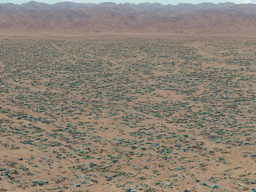 Image similar to landscape, bird view, large Trailer park in the desert near the oasis with a reservoir and rednecks, painting by style Julie Mehretu