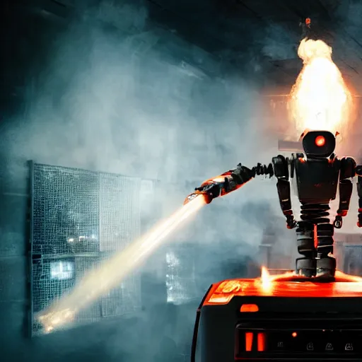 Image similar to toaster oven terminator robot, dark messy smoke - filled cluttered workshop, dark, dramatic lighting, orange tint, sparks, plasma charge, cinematic, highly detailed, sci - fi, futuristic, movie still