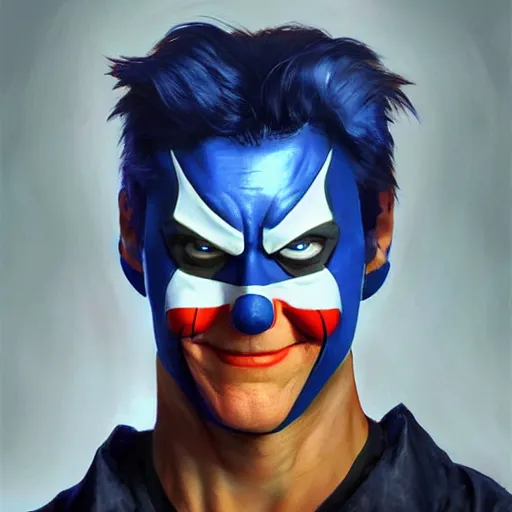 Prompt: front view portrait jim carrey as nightwing, human computer, vr headset, digital art from artstation by ruan jia and mandy jurgens and artgerm and william - adolphe bouguereau as clown