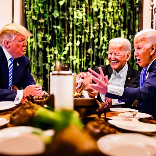 Image similar to Trump and Biden having dinner at a fancy Balinese restaurant, award winning photography, 85mm, perfect faces