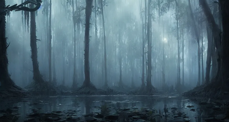 Image similar to A dense and dark enchanted forest with a swamp, by Greg Rutkowski