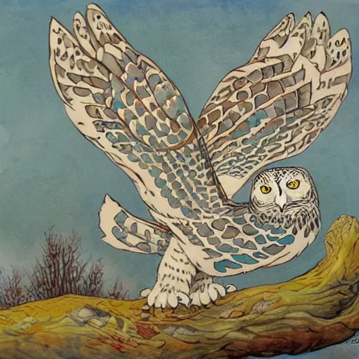 Image similar to snowy owl crossed with a snow leopard to make a gryphon, Louis William Wain watercolor,