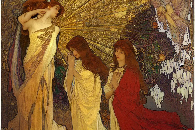 Image similar to the annunciation oil painting by alphonse mucha and gustav klimt gold leaf, intricate detailed,