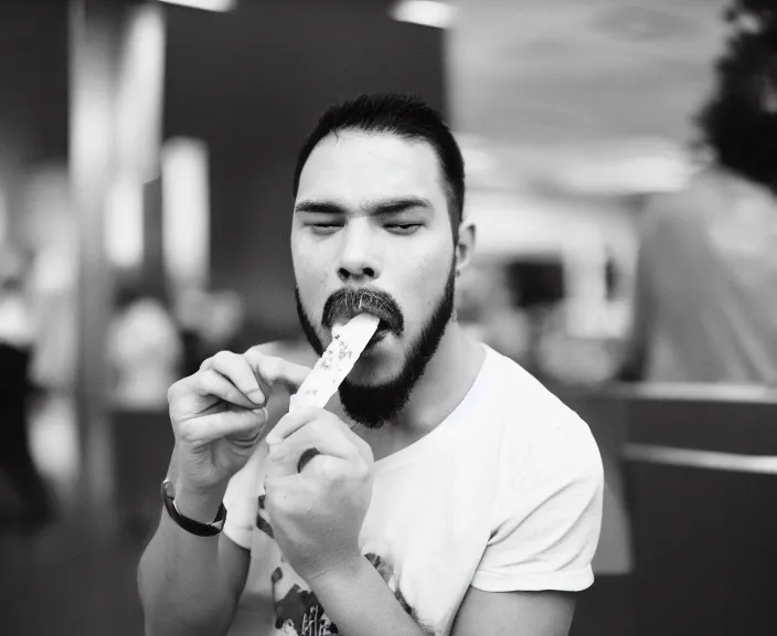 Prompt: photo of a man eating a popsicle in an airport, goatee, cinestill 8 0 0 t, 4 0 mm, f / 2. 4