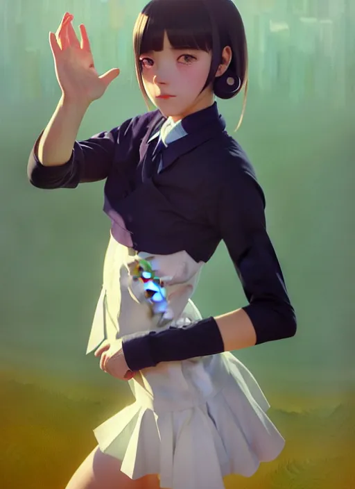 Prompt: full body beautiful and cute and aesthetic school girl greeting, very slightly smiling, wave a hand at the camera, perfect face, symmetric eyes, sharp focus, specular reflection, occlusion shadow, artstation, by ilya kuvshinov and jeremy lipking and quentin mabille, light novel cover art, 3 d epic illustrations, symmetric body