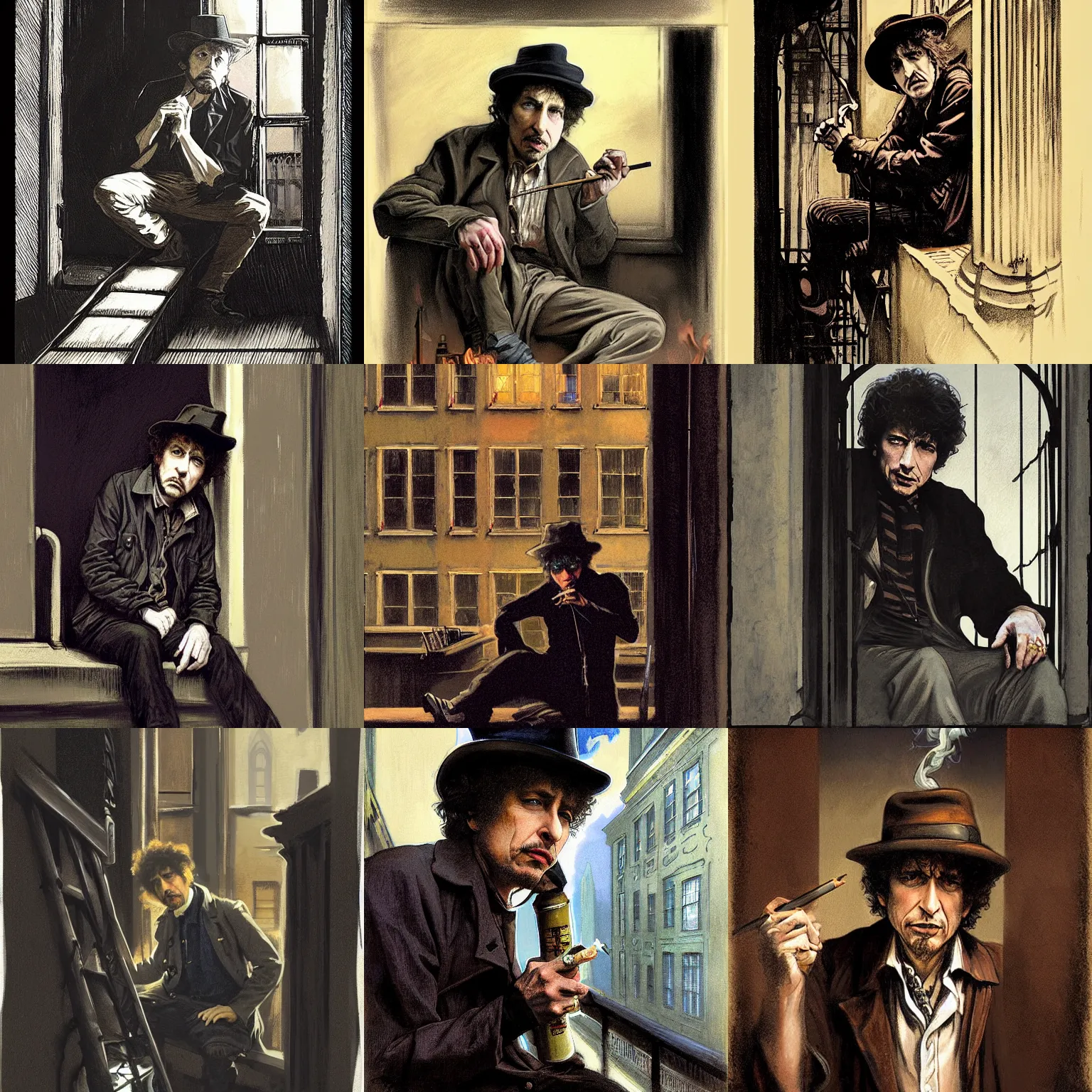 Prompt: character portrait of a rugged bob dylan sitting down on a fire escape smoking a cigarette in gothic london, gothic, john singer sargent, muted colors, moody colors, illustration, digital illustration, amazing values, art by j. c. leyendecker, joseph christian leyendecker, william - adolphe bouguerea, graphic style, dramatic lighting, gothic lighting