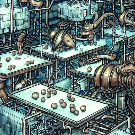 Prompt: gelatinous cubes being processed into magic items with the juice made from their bodies, d & d, industrial assembly line in a fantasy steampunk factory, hr giger