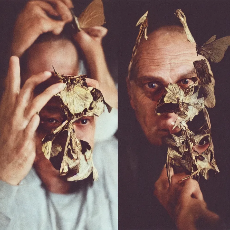 Image similar to movie still by frantisek vlacil portrait of a man with a moth mask, cinestill 8 0 0 t 3 5 mm, heavy grain, high quality, high detail