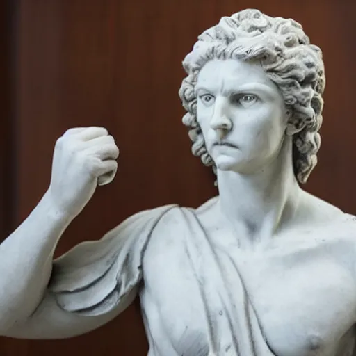 Image similar to Courtroom photograph of a marble statue angry with his attorney