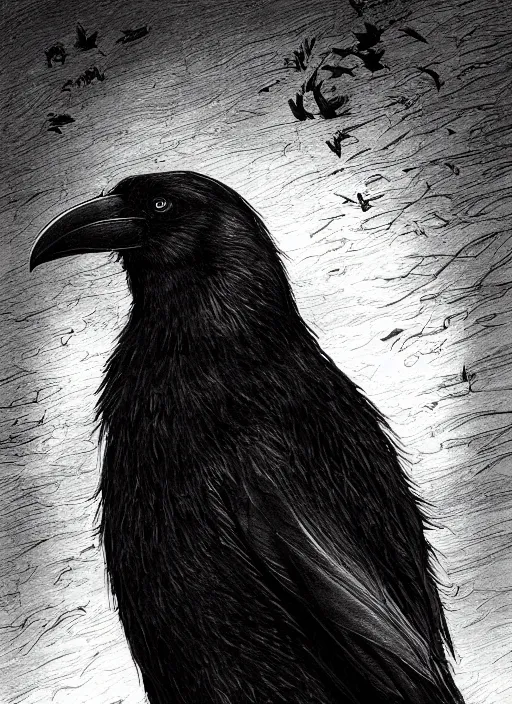 Image similar to portrait, A crow in front of the full big moon, book cover, red white and black colors, establishing shot, extremly high detail, foto realistic, cinematic lighting, pen and ink, intricate line drawings, by Yoshitaka Amano, Ruan Jia, Kentaro Miura, Artgerm, post processed, concept art, artstation, matte painting, style by eddie mendoza, raphael lacoste, alex ross