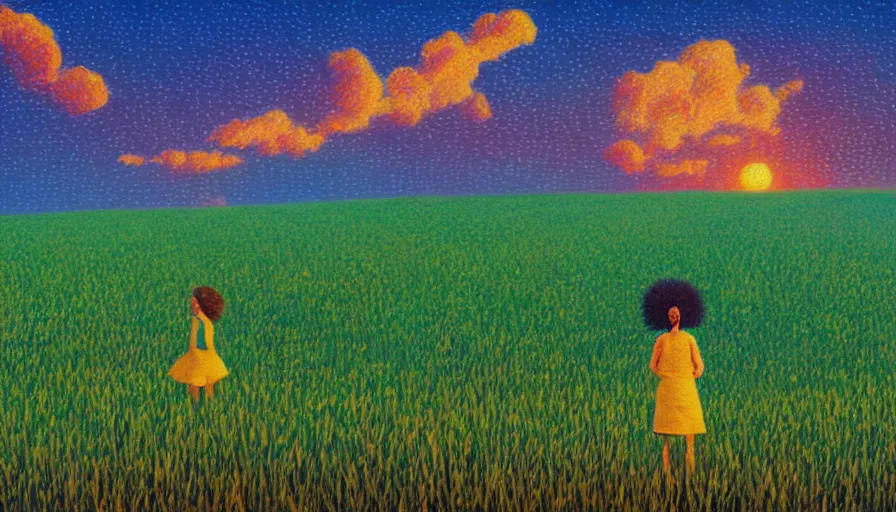 Image similar to daisy flower afro, full body, girl watching sunset, empty wheat field, surreal photography, colorful clouds, tree, impressionist painting, colorful clouds, digital painting, pointillism, artstation, simon stalenhag