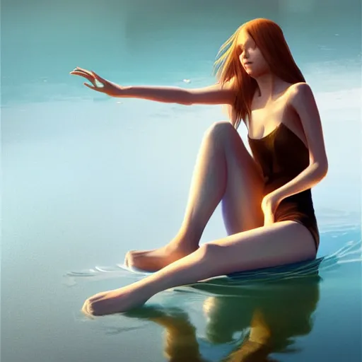 Prompt: woman sitting with her feet in a lake, beautiful and relaxing, very very very long hair, Makoto Shinkai ilya kuvshinov and Wojtek Fus