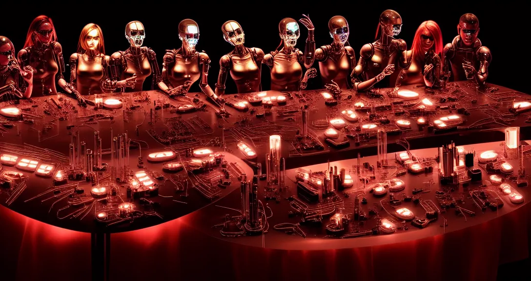 Prompt: beauty, !13 diverse cyborgs on !one_side of a reflective !cybernetic table, !!posing_as_last_supper, inticrate detailed glowing implants, !!highly detailed, dramatic lighting, electrical details, high details, beautiful lighting