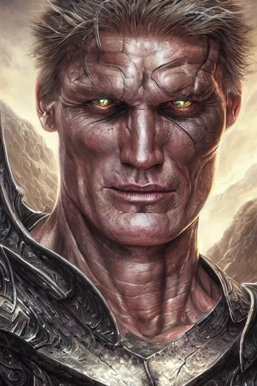 Image similar to closeup portrait shot of dolph lundgren as destruction of the endless, the sandman herculean thanos, conan the barbarian, highly detailed, digital painting, artstation, concept art, soft focus, depth of field, artgerm, tomasz alen kopera, peter mohrbacher, donato giancola, wlop, boris vallejo