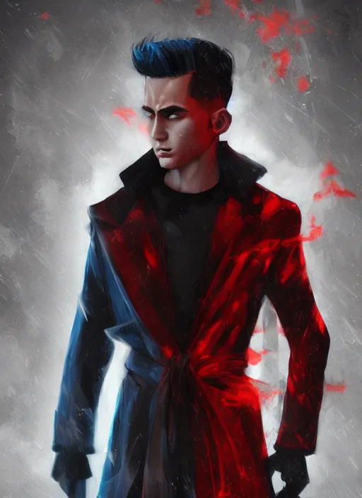 Image similar to An epic fantasy comic book style portrait painting of a young man with black undercut haircut, wearing black overcoat, red clothes, blue jeans. Unreal 5, DAZ, hyperrealistic, octane render, cosplay, RPG portrait, dynamic lighting