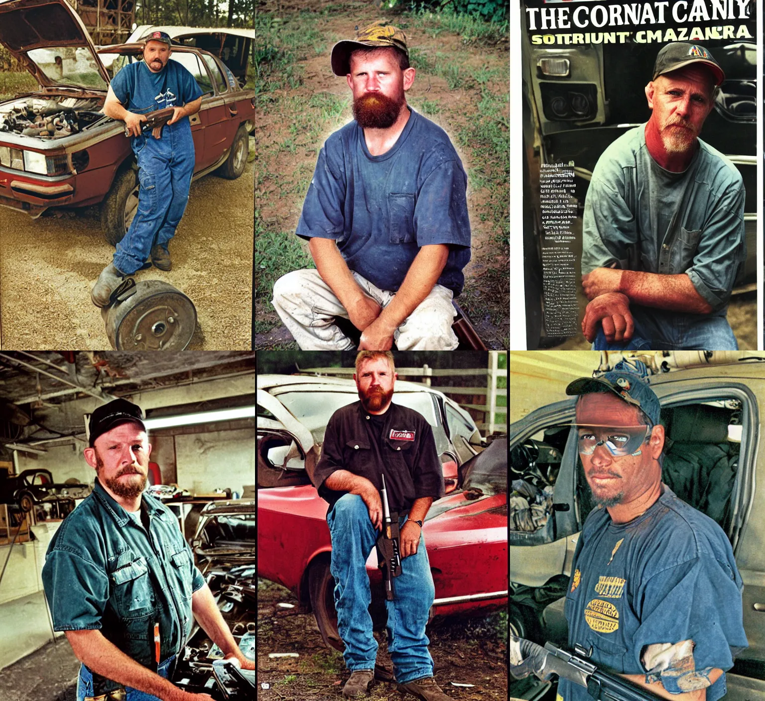 Prompt: portrait photo of the county car and firearm mechanic guy from Alabama, full color magazine article by National Geographic (1998)