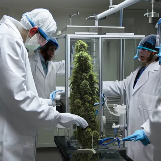Prompt: Cannabis extraction in a white coat laboratory