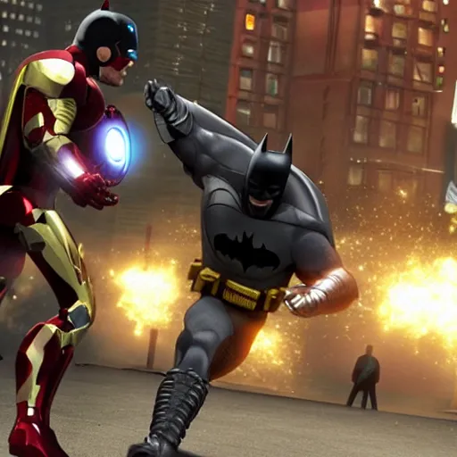 Image similar to batman and iron man fighting in chicago, ultra realistic, photorealistic, ultra details, cinematic