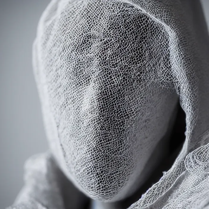 Image similar to a closeup portrait of a woman wearing a hood made of wire and plastic, in a laundry mat, color photograph, by caravaggio, canon eos c 3 0 0, ƒ 1. 8, 3 5 mm, 8 k, medium - format print