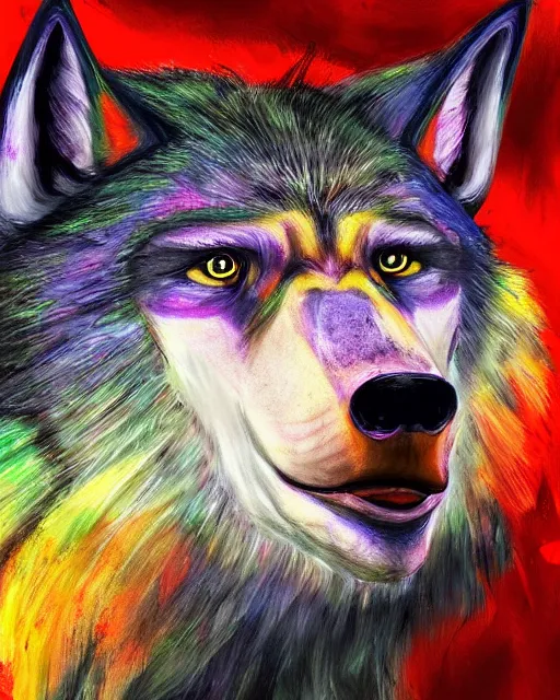 Prompt: a head and shoulder portrait of Werewolf painted in the colorful and expressive style of Kotwdq, trending on Artstation 8k photorealistic