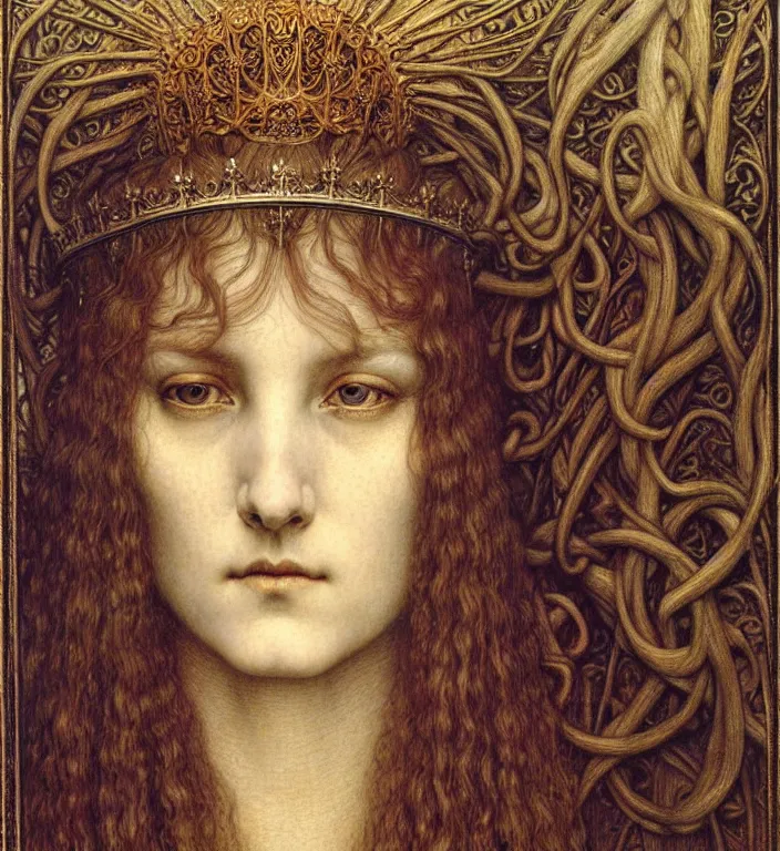 Image similar to detailed realistic beautiful young medieval queen face portrait by jean delville, gustave dore and marco mazzoni, art nouveau, symbolist, visionary, gothic, pre - raphaelite. horizontal symmetry