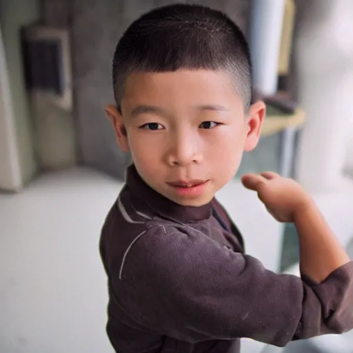 Prompt: cinematic still light skin french - vietnamese 6 year old boy in star wars, slight underbite, heart shaped face, round cheeks, crew cut hair