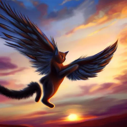 Image similar to a photograph of cute cat with wings flying towards the sunset, highly detailed, symmetric, artstation, precise, photorealistic, impressionism style