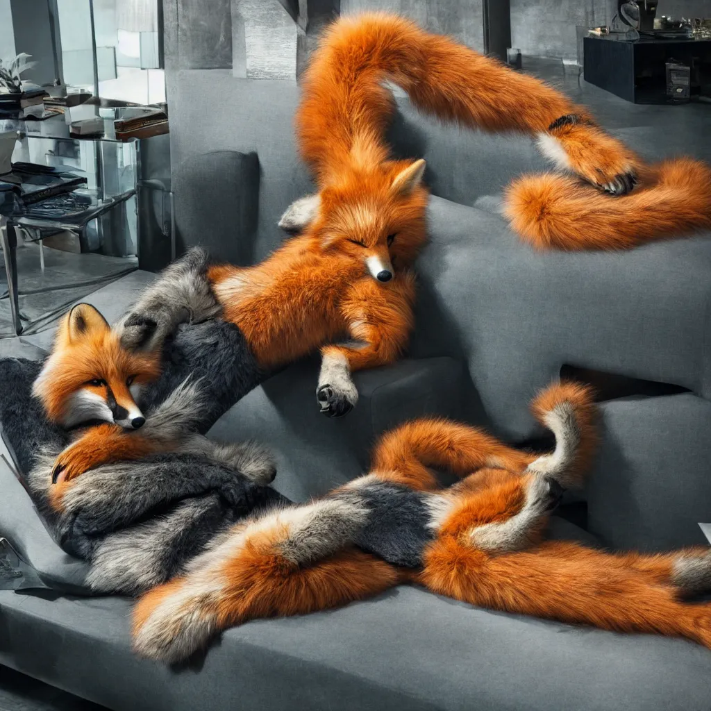 Prompt: anthropomorphic, furry, anthro, fox lounging in a futuristic hotel, film scene