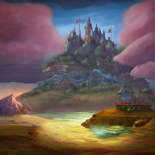 Image similar to a castle on a flying island, an island floating in the sky, clouds background, hearthstone coloring style, epic fantasy style art, fantasy epic digital art, epic fantasy card game art