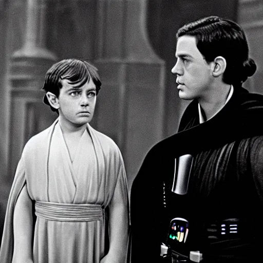 Image similar to film still of young alec guiness and young sebastian shaw as jedis in new star wars movie, dramatic lighting, highley detailled face, kodak film, wide angle shot, photorealistic