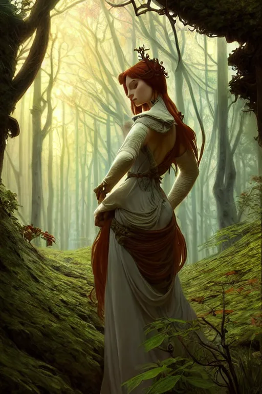 Image similar to beautiful digital painting of a stylish medieval female forest with high detail, 8 k, stunning detail, works by artgerm, greg rutkowski and alphonse mucha, unreal engine 5, 4 k uhd