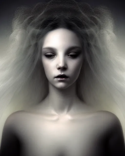 Image similar to soft, delicate, dreamy, subsurface scattering, white, young beautiful goddess in cosmos with very long white hair floating in air, fluid smoke art, black and white, octane render, dino valls, mark ryden, joe fenton, michal karcz, highly detailed, rim light, art, cinematic lighting, very coherent, hyper realism, 8 k