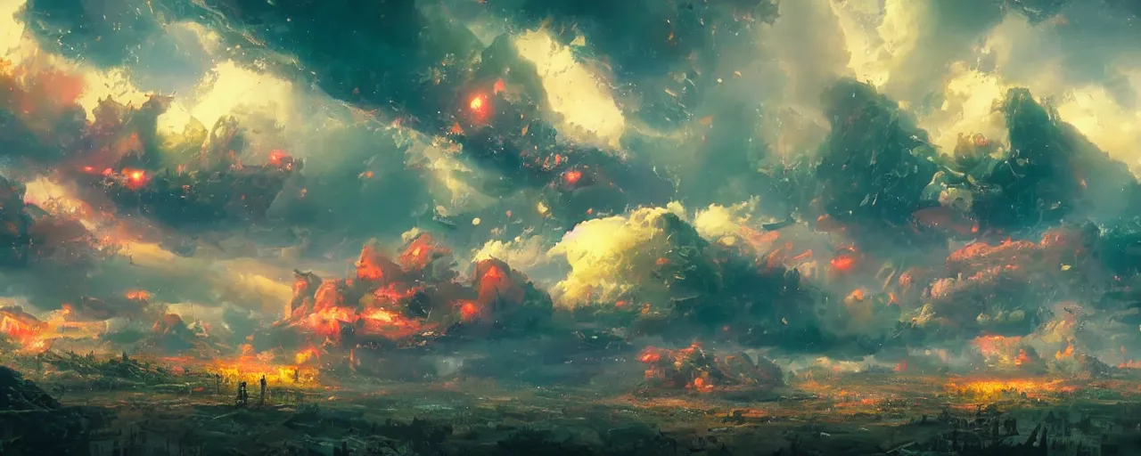 Prompt: ” epic clouds, [ cinematic, detailed, epic, widescreen, opening, establishing, mattepainting, photorealistic, realistic textures, octane render, art by paul lehr ] ”