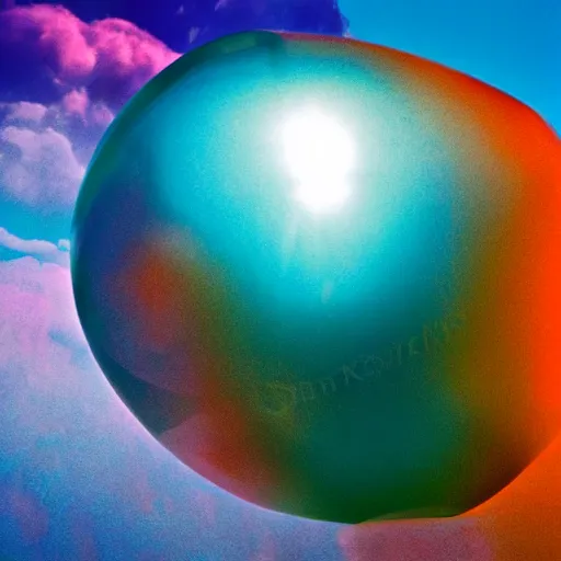 Image similar to film photography of women in a zorb ball floating in front of colourful underwater clouds by Kim Keever, low shutter speed, 35mm