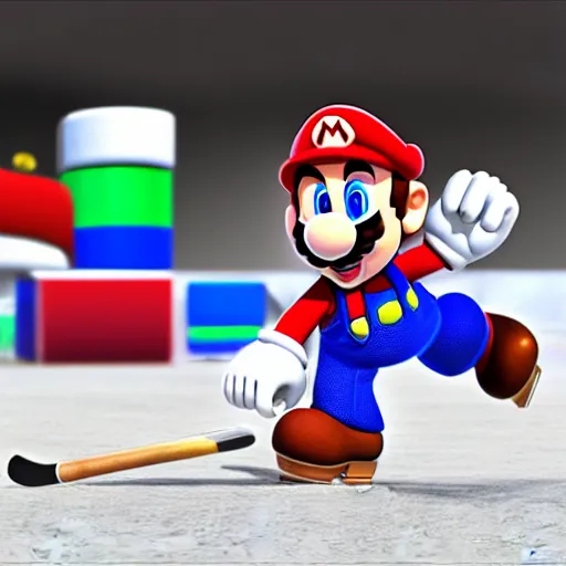 Image similar to super mario playing hockey, highly detailed, extremely high quality, hd, 4 k, 8 k, canon 3 0 0 mm, professional photographer, 4 0 mp, lifelike, top - rated, award winning, realistic, detailed lighting, detailed shadows, sharp, no blur, edited, corrected, trending