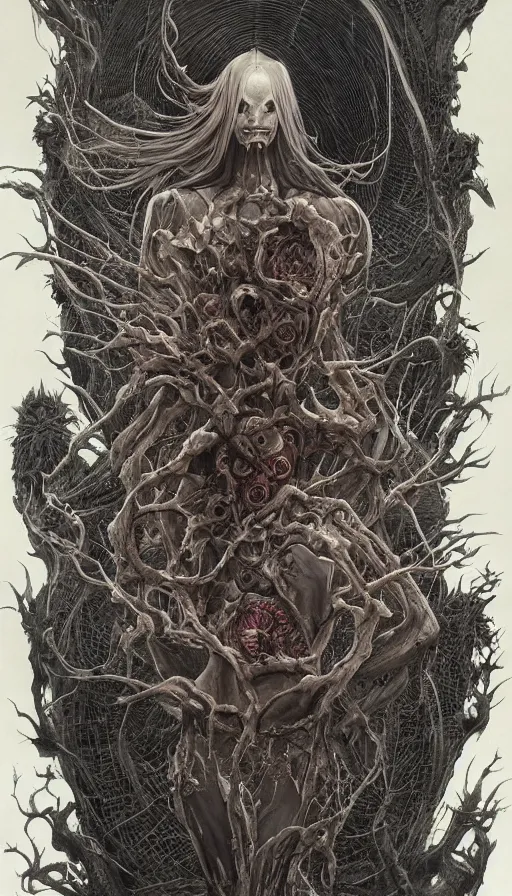 Prompt: Elden Ring and Doom themed painting of sinister elegant death hybrid, intricate artwork by Artgerm, Victo Ngai, Johnatan Wayshak, Zdizslaw Beksinski, Douglas Barlowe, Darius Zawadzki, H.R. Giger, Takato Yamamoto, masterpiece, very coherent artwork, elite, horror, creepy, ominous, haunting, majestic, ephemeral, cinematic, high detail, octane render, unreal engine, 8k, High contrast, golden ratio, trending on cgsociety, ultra high quality model, production quality cinema model