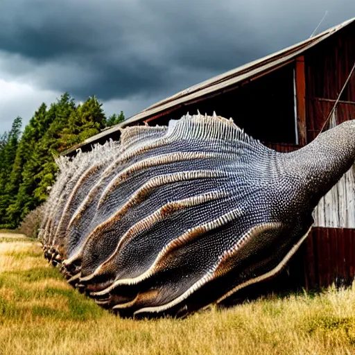 Prompt: a giant sea slug destroying a barn