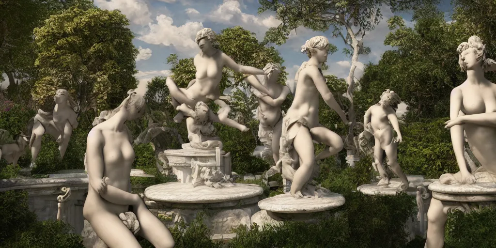 Image similar to Garden Utopia, surrealism, outside, Greek marble statues, earthly pleasures, intricate artwork by caravaggio. Trending on artstation, octane render, cinematic lighting from the right, hyper realism, octane render, 8k, depth of field, 3D