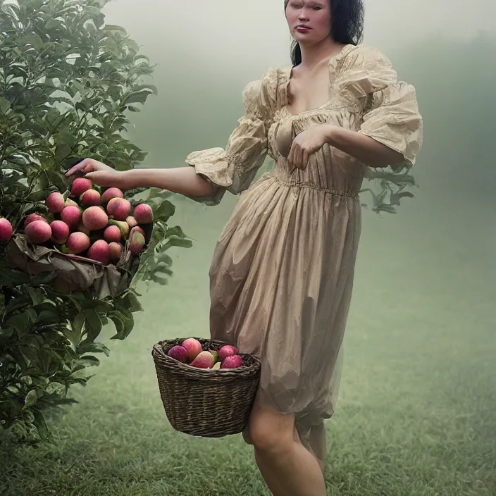 Prompt: a closeup portrait of a woman wearing an inflatable dress, picking apples from a tree, foggy, moody, photograph, by vincent desiderio, canon eos c 3 0 0, ƒ 1. 8, 3 5 mm, 8 k, medium - format print