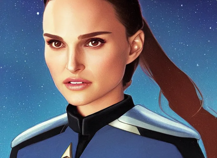 Image similar to a disney film still of natalie portman as a star trek officer, finely detailed features, closeup of the face, perfect art, dusk, blue hour, gapmoe yandere grimdark, trending on pixiv fanbox, painted by greg rutkowski, makoto shinkai, takashi takeuchi, alphonse mucha, akihiko yoshida
