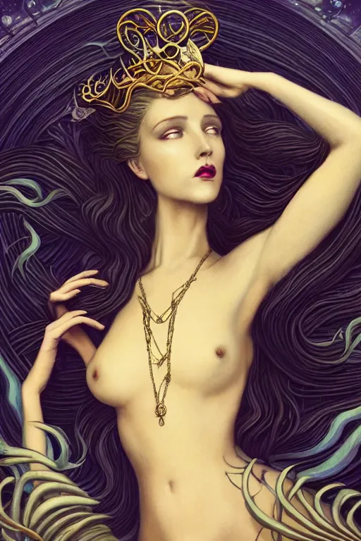 Image similar to a beautiful dark androgynous mermaid, pinup pose, long hair, tall and thin, wearing dozens of pendants and a gown of gold, small delicate crown of the sea on her head, illustration, dramatic lighting, soft details, painting oil on canvas, (art nouveau), octane render, HDR, 4k, 8k, HD, by Brom, Charlie Bowater, (j.c. Leyendecker), faces by otto schmidt