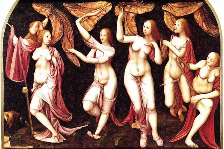 Image similar to renaissance art nouveau painting of maidens in heaven licking gods