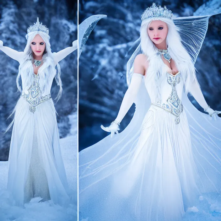 Prompt: photograph of a real-life beautiful ice queen with ornate white dress. Extremely detailed. 8k