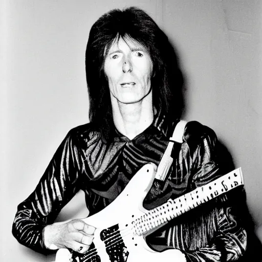 Prompt: ziggy played guitar jamming good with weird and gilly and the spiders from mars he played it left hand but made it too far became the special man then we were ziggy's band, inspired by david normal